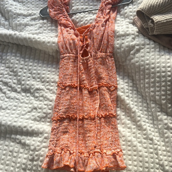 coral pink and white floral mini dress with ruffles - Picture 2 of 2